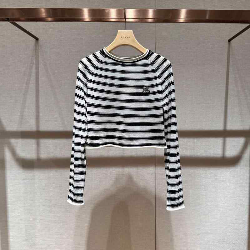レディース 長袖 ニットセーター クルーネック ブラック ホワイト ストライプ柄 上品 ウール混 ショート丈 トップス 春秋 暖か素材 カジュアル 通勤 柔らかい 着心地 ボディライン