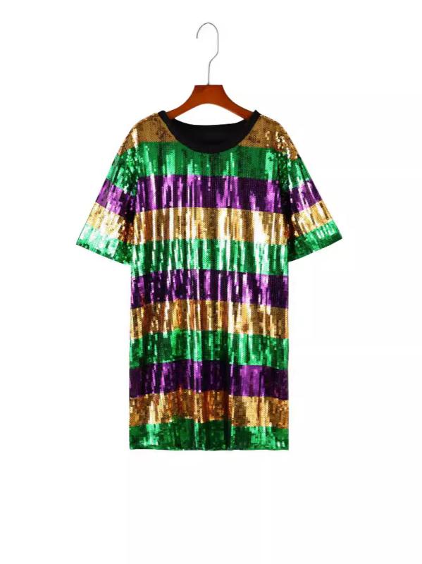 Tシャツ オーバーサイズ スパンコール 紫緑金ストライプ クリスマス パーティー用 トップス ビッグシルエット 冬 カジュアル 海外