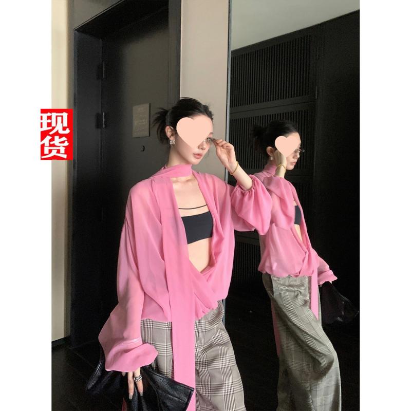 レディース 春 シフォン ブラウス リボン デザイン ゆったり レトロ 長袖 トップス 軽やか 素材 ルーズフィット ユニーク スタイル