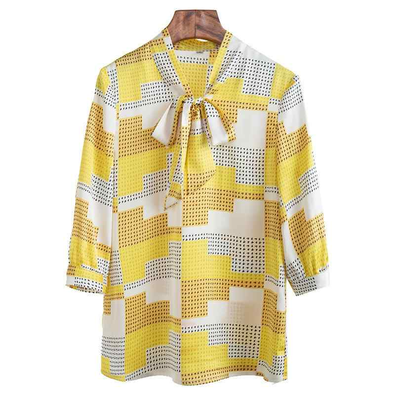 シャツ レディース イエロー シフォン 中袖 蝶結び リボン 春夏 ツートンカラー トップス 通勤用 軽やか ビジネスカジュアル