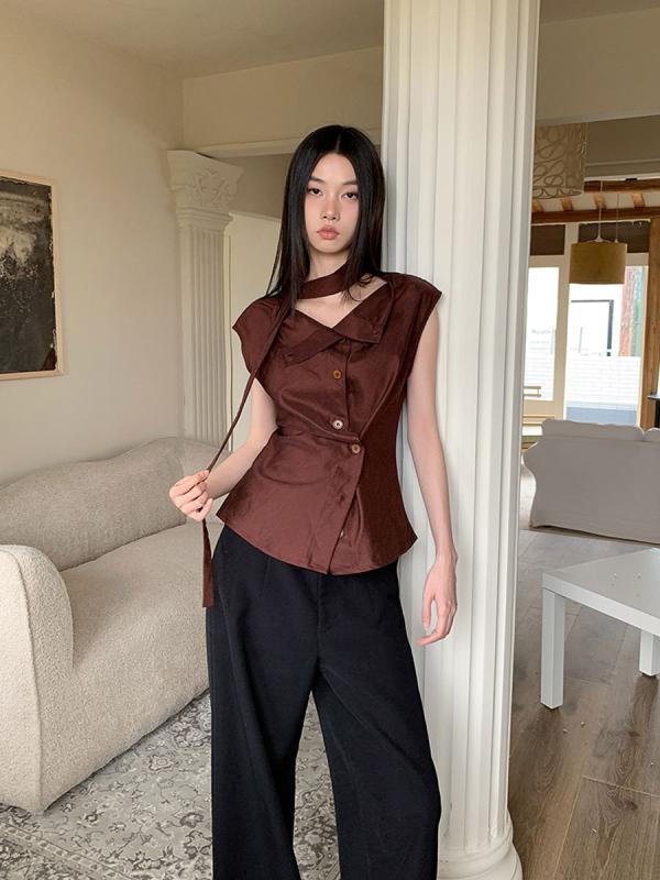 トップス レディース ノースリーブ Vネック アシンメトリー リボン スリム セクシー 夏用 デザイン 軽量 伸縮性 接触冷感 ブラック ピンク系