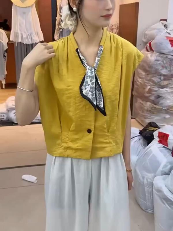 ブラウス レディース Vネック リボン 無袖 夏 通勤用 上品 トップス 軽量 伸縮性 吸湿速乾 接触冷感
