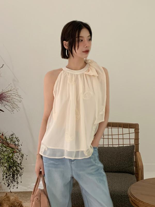 夏 レディース ノースリーブ ブラウス かわいい デザイン リボン ハルターネック トップス 甘美 シルエット 軽量 素材 伸縮性 吸湿速乾