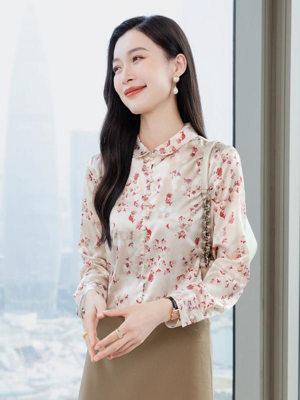 レディース 長袖 ブラウス シルク 素材 春 ファッション 小花柄 デザイン 上品 軽量 吸湿速乾 通勤 普段使い トップス