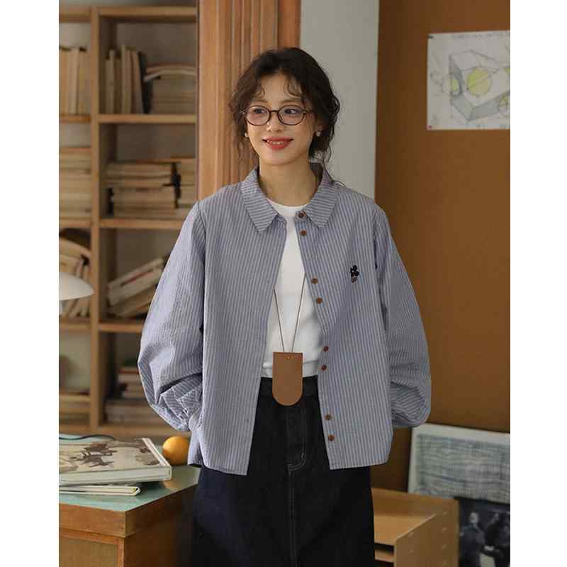 シャツ レディース 長袖 春 ブルー チェック柄 刺繍 花柄 日系 レトロ トップス 軽やか フェミニン スタイル｜みやショップ店
