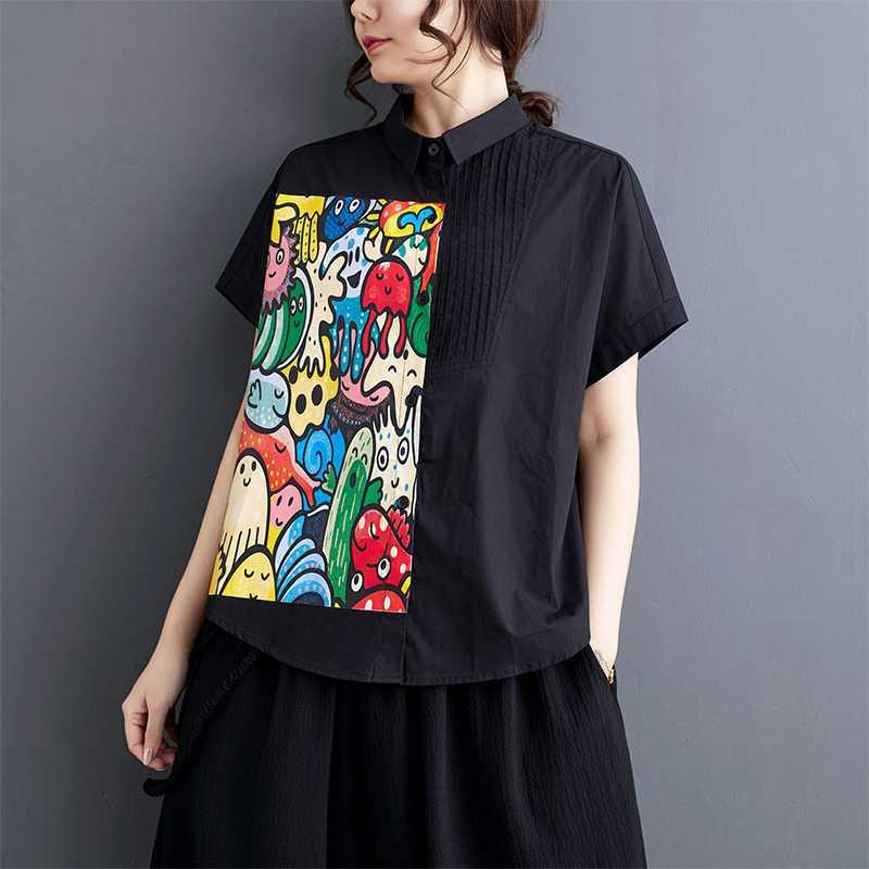 シャツ レディース 春夏 レトロ 単色 花柄 プリント 短袖 切り替え プリーツ ポロカラー 通勤用 プラスサイズ ゆったり シルエット トップス