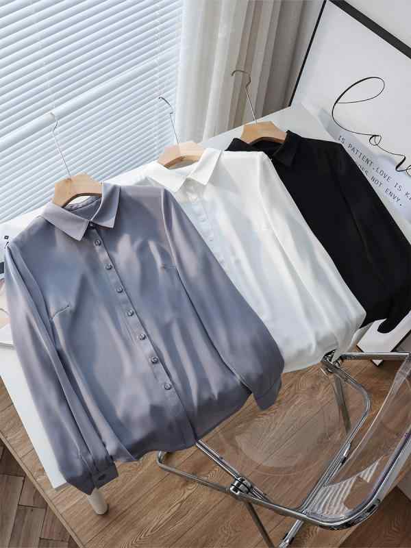 春夏 レディース 長袖 シフォン シャツ ホワイト 通気性 滑らか 韓国 OL 通勤用 インナー トップス 軽量 吸湿速乾 職業着 ワークウェア