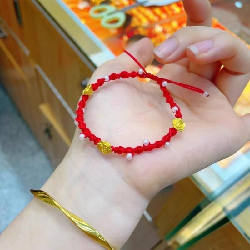 ブレスレット レディース 純金 バラ 花 モチーフ ゴールド 編み込み ラッキー ビーズ アクセサリー 華奢 デザイン 普段使い 高級感 ジュエリー|みやショップ店