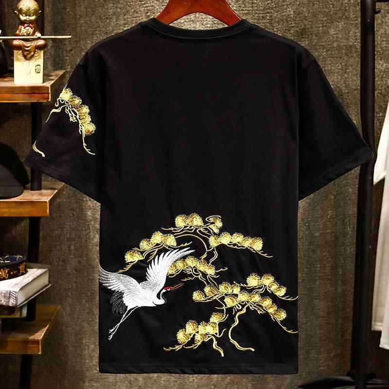 メンズ 短袖 Tシャツ 刺繍 鶴 松柄 夏用 薄手 綿 ゆったり ヒップホップ スタイル カジュアル トップス 吸湿速乾 軽量