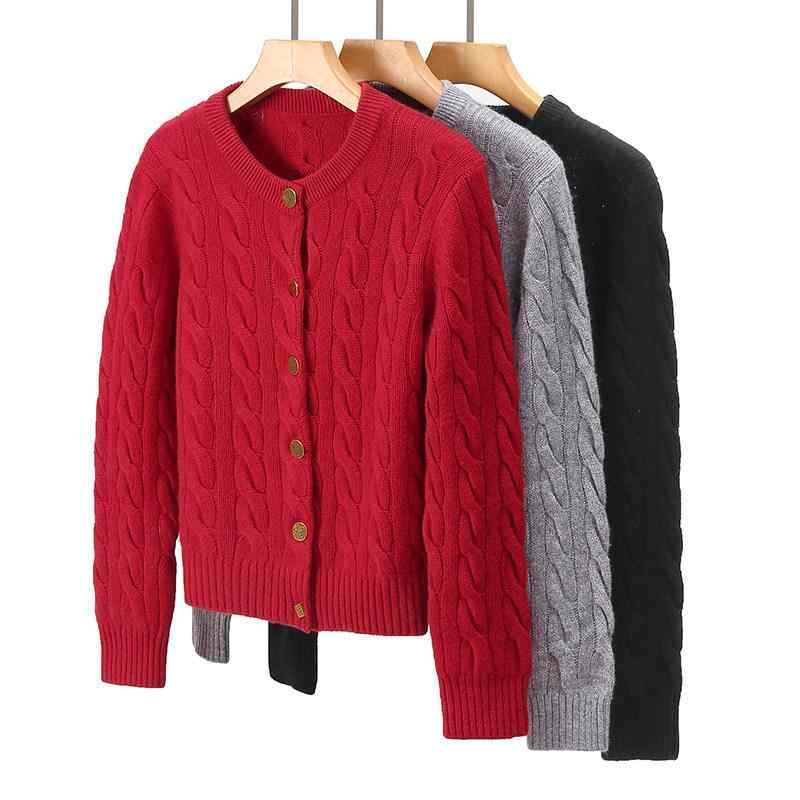 レディース カーディガン ニット 丸首 ツイスト ケーブル編み 厚手 単色 暖か 秋冬 柔らかい 保温性 軽量