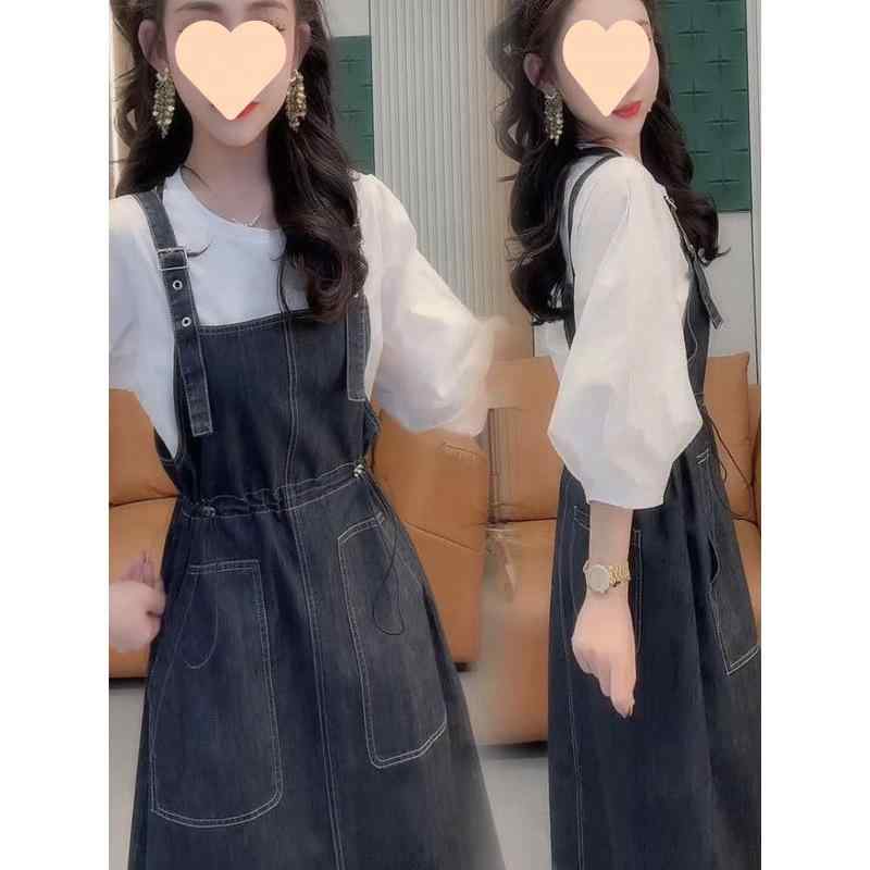 ワンピース レディース 夏用 デニム 吊りスカート 中長丈 韓国 スリム かわいい カジュアル 軽量 伸縮性 吸湿速乾 ブルー系 デイリー コーデ
