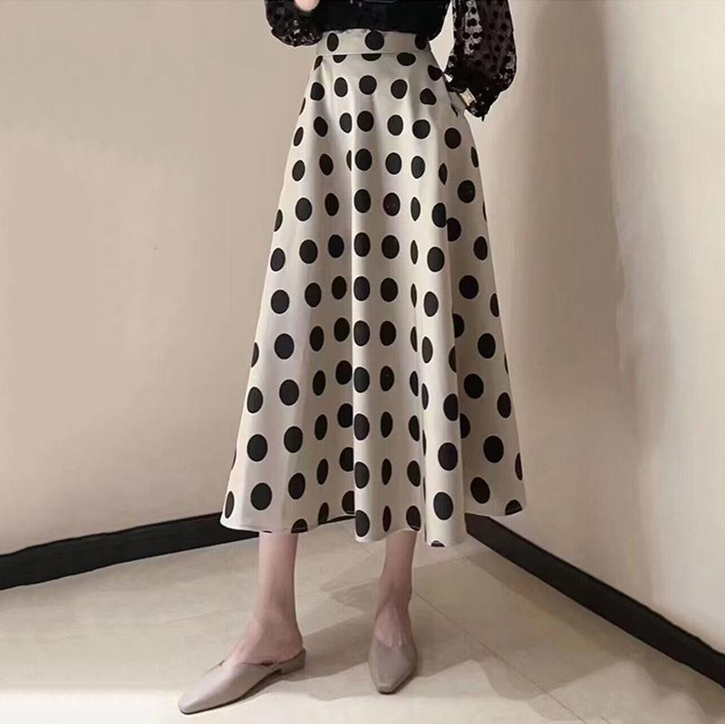 スカート レディース レトロ 水玉柄 ハイウエスト ロング丈 Aライン フレア クラシカル カジュアル 普段使い ミディ丈 膝下丈 女性用 トップス 合わせ ボリューム シルエット 軽量 伸縮性|みやショップ店