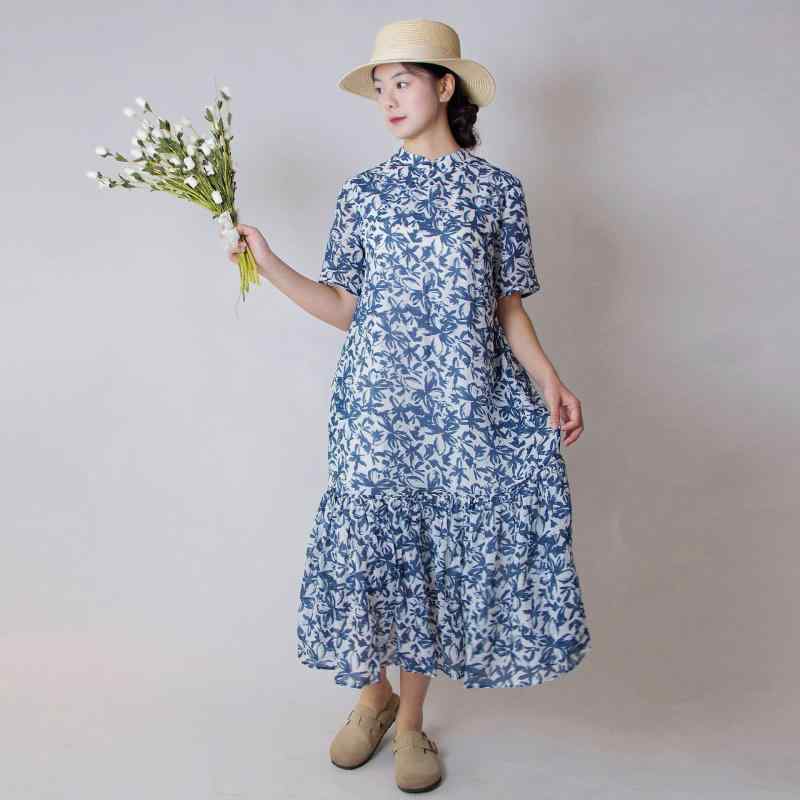 ワンピース 夏 レディース 軽量 薄手 ラミー 麻 小花柄 プリント アーティスティック 旅行 フィッシュテール シルエット ボヘミアン スタイル リゾート 普段使い