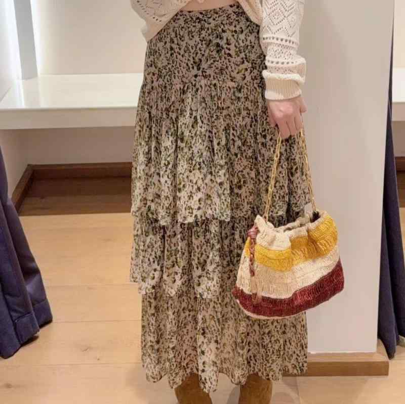 スカート レディース レトロ ハイウエスト フラワープリント ミドル丈 ドレープ フリル リゾート 春夏 カジュアル 落ち感 柔らかいシルエット Aライン ビーチウェア ティータイムスタイル