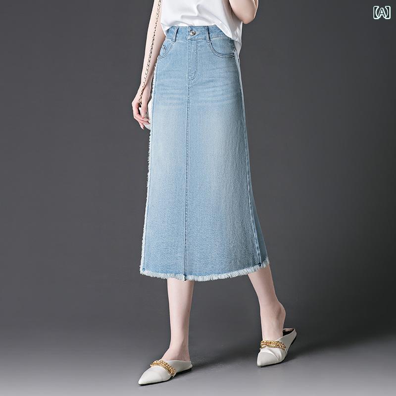 スカート レディース デニム ミドルロング 夏 薄手 スリム カジュアル 小柄対応 軽量 普段使い 吸湿速乾 コットン混 膝下丈 ストレート ブルー系