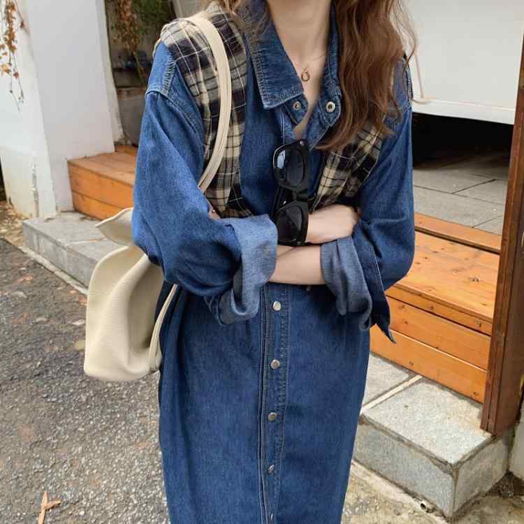 ワンピース レディース 長袖 デニム シャツドレス 韓国 スリム デザイン スタイリッシュ 気質 カジュアル 普段使い コットン混 ボタン前開き 膝丈 ブルー系 通年