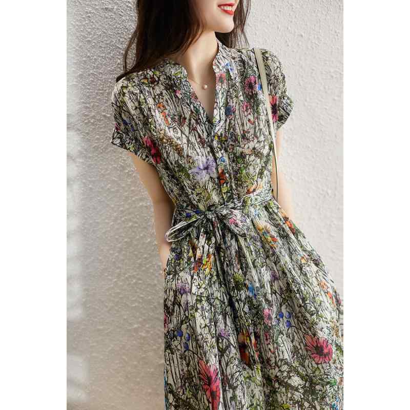 レディース 夏 小花柄 プリント コットン リボン ウエストシェイプ スリム 爽やか 上品 通気性 軽量 フェミニン ワンピース