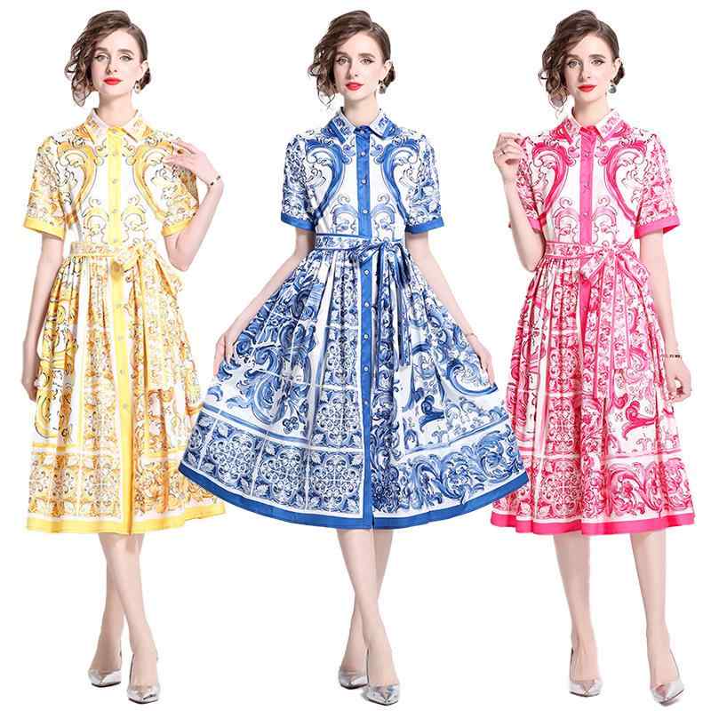 レディース ワンピース 短袖 青花柄 プリント 収腰 デザイン スリム 効果 百搭 スタイル シングル ボタン 開き カーディガン 普段使い 春夏 軽量 素材 伸縮性 トップス ドレス