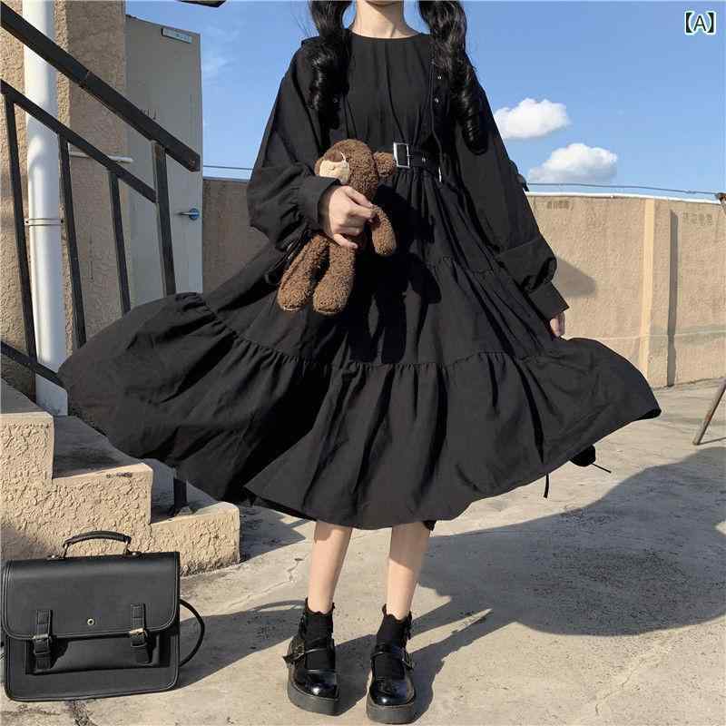 ワンピース レディース 長袖 ハイウエスト ブラック ビッグサイズ 学生 甘め かわいい ウエストマーク プリーツ Aライン フレア ドレス ゆったりシルエット 通学用 普段使い｜みやショップ店