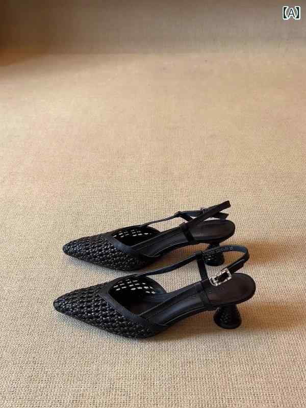 シープスキン ~ 2025 年 フレンチスタイルミッドヒール 織り ワン ラインバックルポインテッドトゥハイヒールサンダル