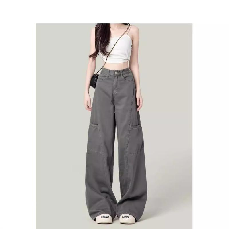 秋冬 レディース デニムパンツ グレー ワイドレッグ ハイウエスト ストレート ワーク ビンテージ アメリカンスタイル カジュアル 普段使い