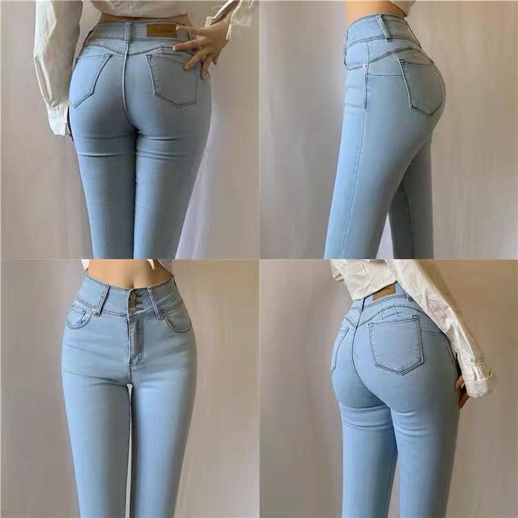 レディース ハイウエスト ペンシル デニムパンツ ライトブルー ピーチカラー 秋 脚長見せ スリムシルエット 普段使い デニム素材 ストレッチ性 軽量