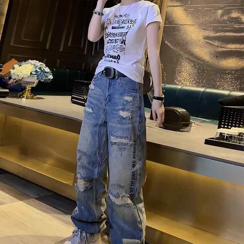 レディース デニムパンツ 春 ハイウエスト ワイドレッグ ダメージ ストレート ルーズ 細見え プラスサイズ カジュアル 普段使い コットン混 ストレッチ素材