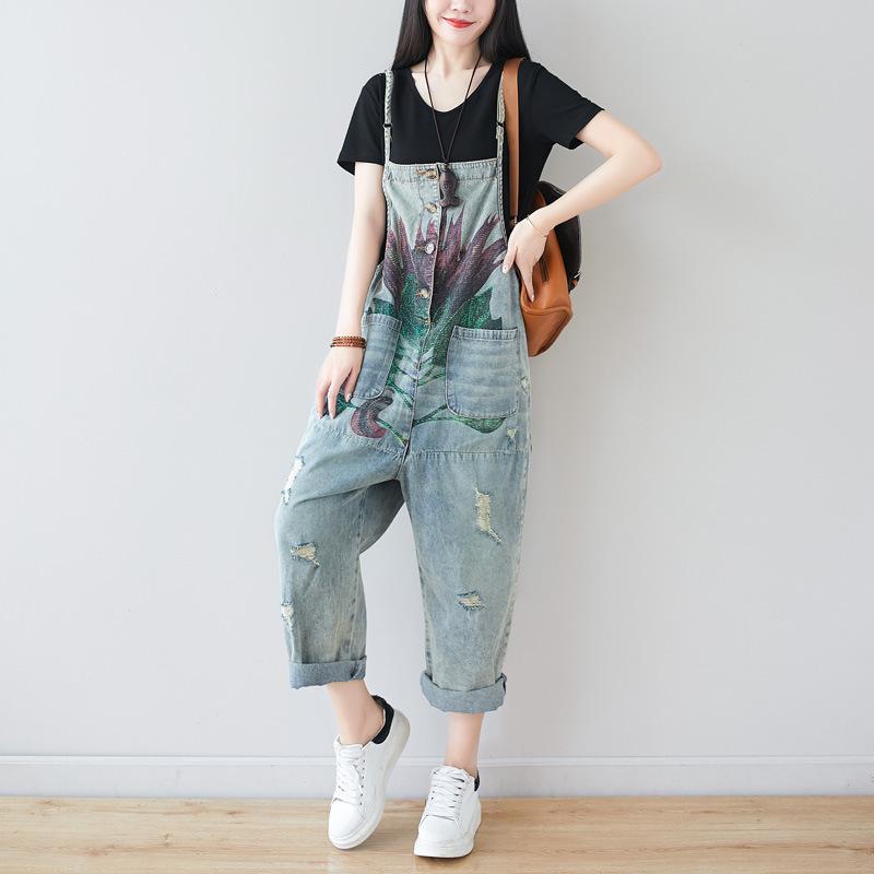 オーバーオール デニム レトロ ビッグサイズ ゆったり ルーズフィット ダメージ加工 ジーンズ パンツ ウォッシュ 加工 ストレッチ 素材 通勤 普段使い カジュアル スタイル