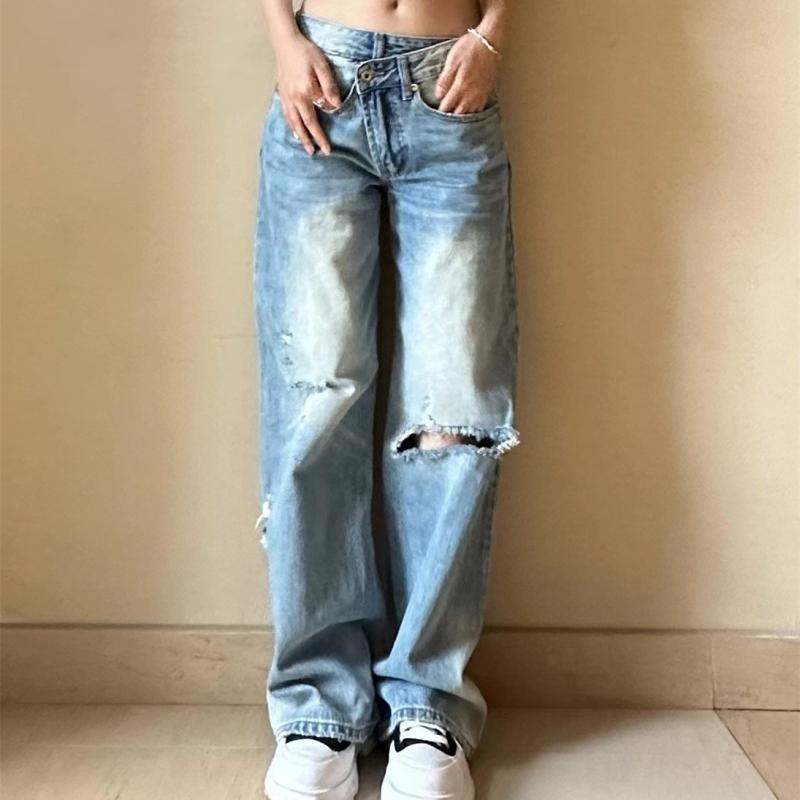 デニムパンツ 低腰 ストレートレッグ 水洗い ダメージ ずれポケット デザイン カジュアル ボトムス 普段使い ストレッチ 素材 コットン 混 軽量 快適 フィット|みやショップ店