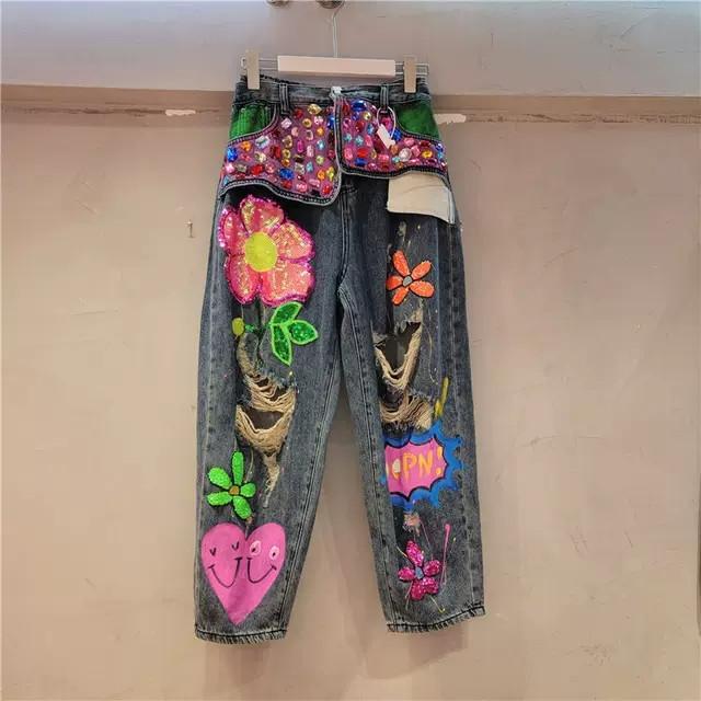デニムパンツ レディース ハイウエスト ルーズ ストレート ダメージ加工 ビーズ装飾 スタッド リベット 春秋 カジュアル 普段使い コットン ストレッチ ゆったり シルエット
