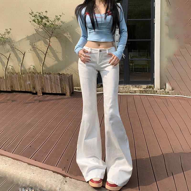 レディース 春 白 フレア デニム パンツ ストレッチ 素材 細見え ルーズ フィット ロング 丈 マイクロ ベル ボトム カジュアル 普段使い