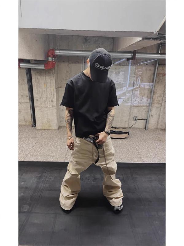 メンズ デニムパンツ ワイドレッグ フレア ロング ベージュ 起毛加工 伸縮性 スリム効果 ストリートスタイル 普段使い 柔らかい素材 軽量 ダークトーン