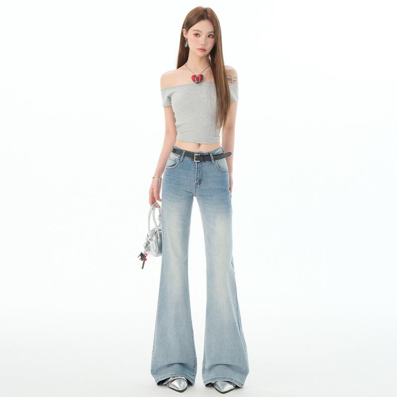 レディース 低腰 アイスブルー マイクロフレア デニムパンツ スリムフィット スリム見せ 小柄対応 カジュアル ストレッチ デニム素材 ライトブルー系 ボトムス 普段使い 伸縮性 軽量 形状記憶