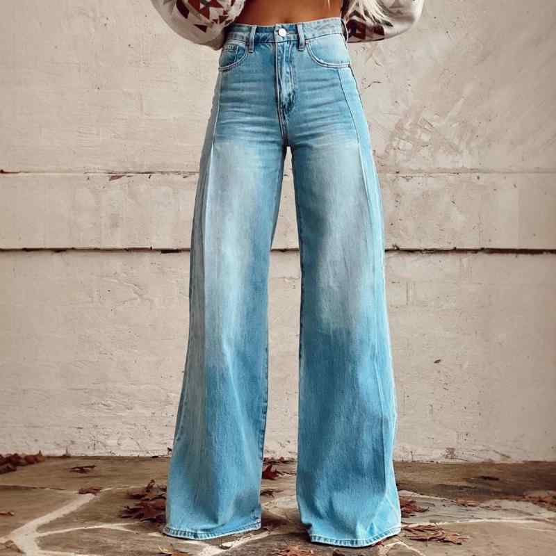 レディース ビッグサイズ ワイドレッグパンツ フレアシルエット デニム ロング丈 夏用 薄手 軽量 伸縮性 接触冷感 吸湿速乾 通勤用 普段使い
