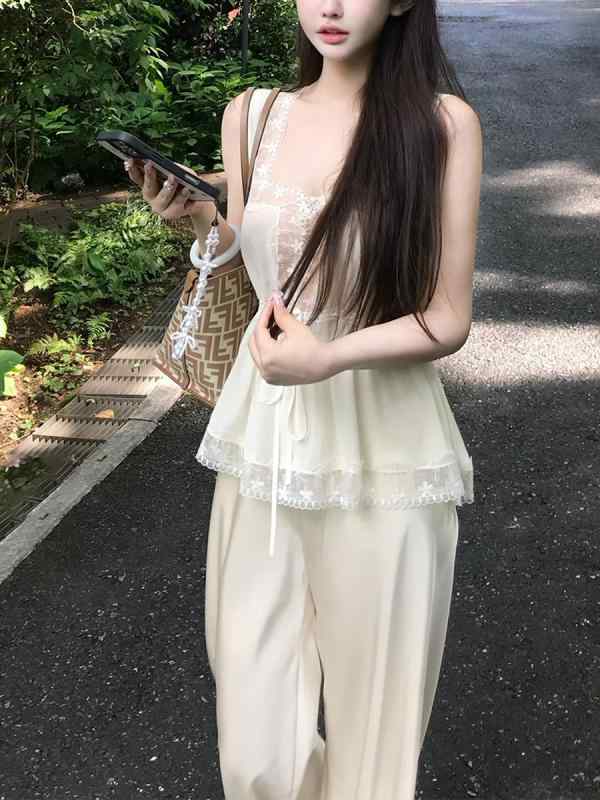 レディース 夏 レース フリル キャミソール ニット パンツ セット 薄手 軽量 カジュアル 伸縮性 普段使い