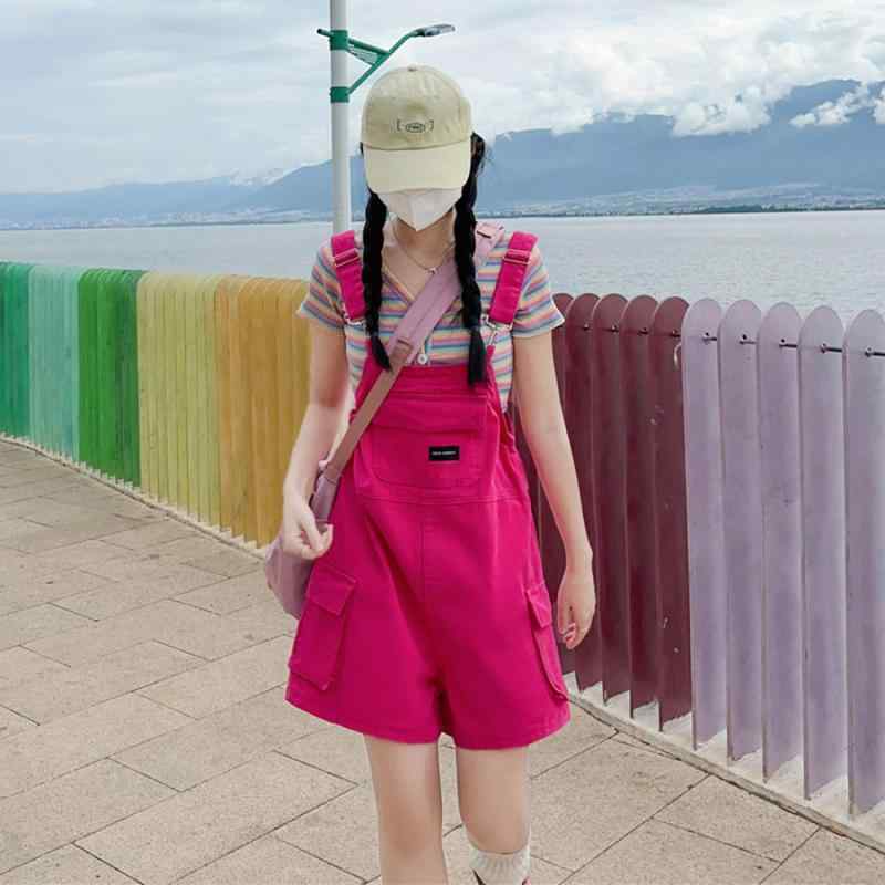 レディース デニム サロペット ショーツ 夏 小柄向け ゆったり ワイドレッグ スリム効果 ピンク系 カジュアル 普段使い 伸縮性 軽量