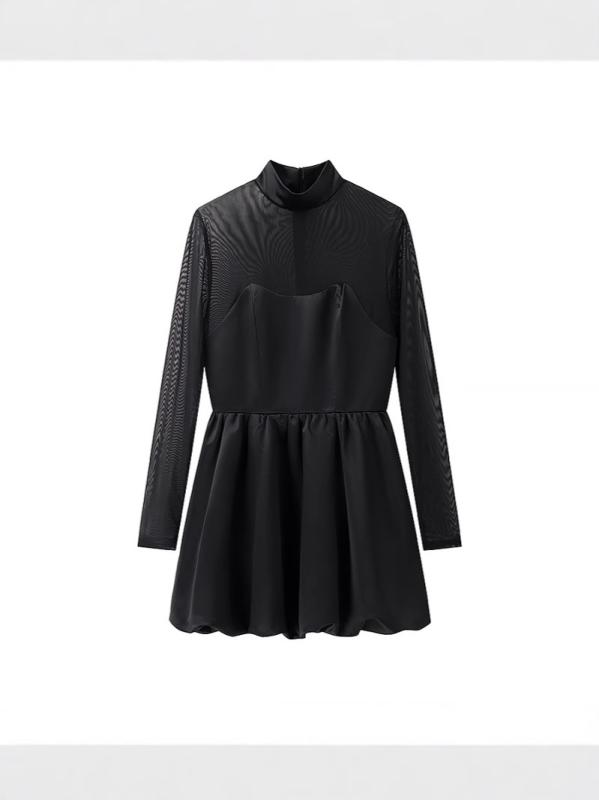 レディース 春夏 ワンピース 透視 メッシュ シースルー バスト強調 タイトフィット ウエストシェイプ 単色 フレア ミニ丈 エレガント 成熟 軽量 伸縮性
