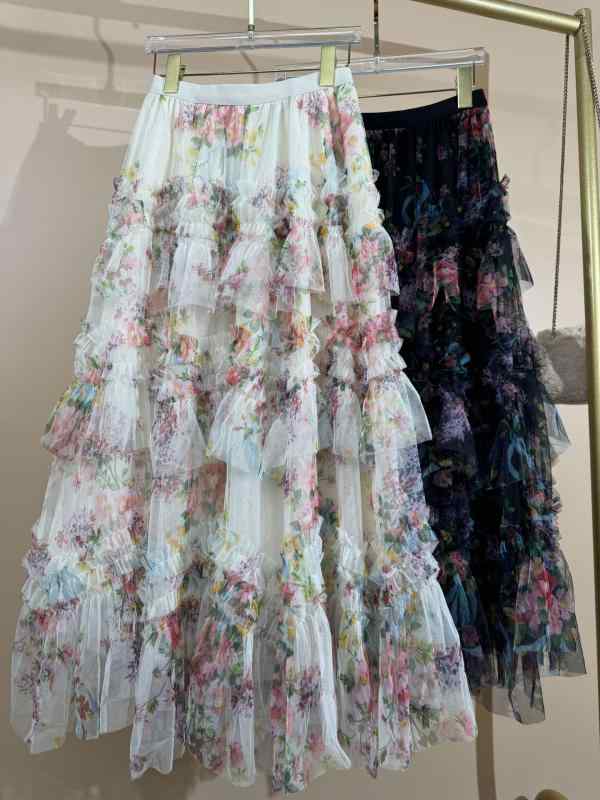 レディース ロング フレアスカート 通勤用 刺繍 花柄 虹モチーフ 油絵カラー ケーキスタイル ミディ丈 合わせやすい ビジネスカジュアル
