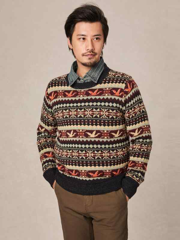 編み物スウェーター メンズ 労働者の一団のど首  フェアアイル柄 羊毛 カシミール混 北欧 連合王国表現スタイル レトロ 秋冬 生あたたかい パステル色の トップス 編み物いの一番