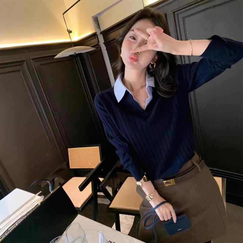 編み物ティーシャツ レディース 長袖 うつり変わり ティーシャツ色合い ポロ フェイクツーピース トップス 伸縮性 パステル色の原料品 普段使い走り 心地好い