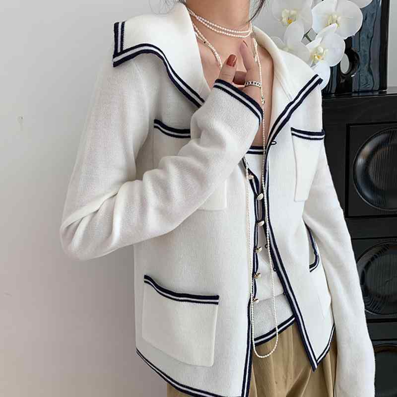 レディース 編み物 ジレー レトロ 青碧 白いこと 縞模様 縁取り 同盟罷工一回り 古典派音楽 吸いつける的 ユニフォーム トップス 軽さ 伸縮性 通い用 普段使い走り 綿混 原料品 Vのど首