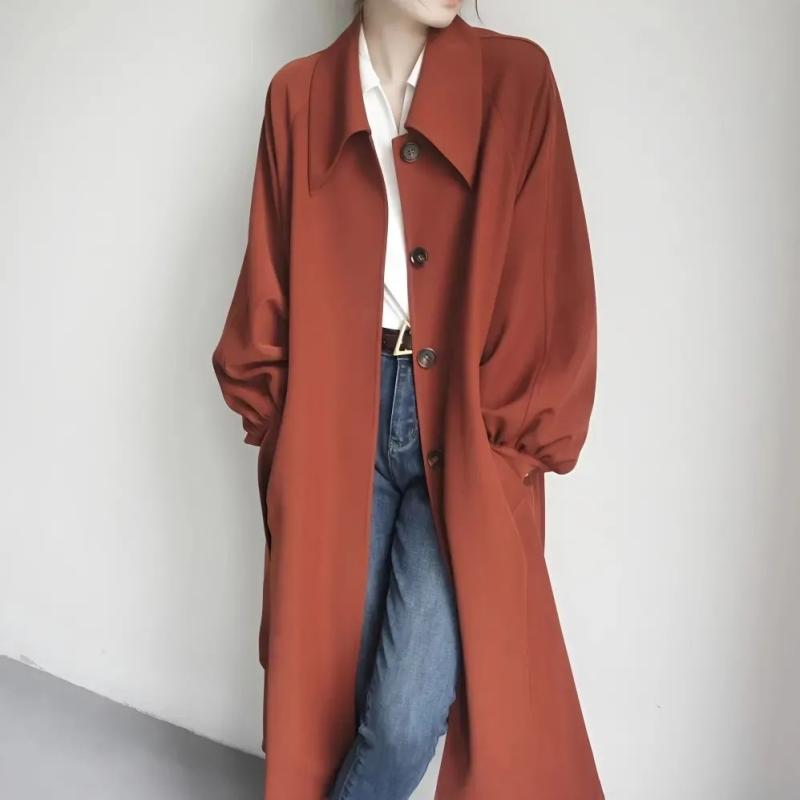 レディース トレンチコート レトロ 無地 シングル乳ぶさ 真っただ中ロング 隠し 灯籠袖 歳月 アウター 今めかしい 影ぼうし 流行り物
