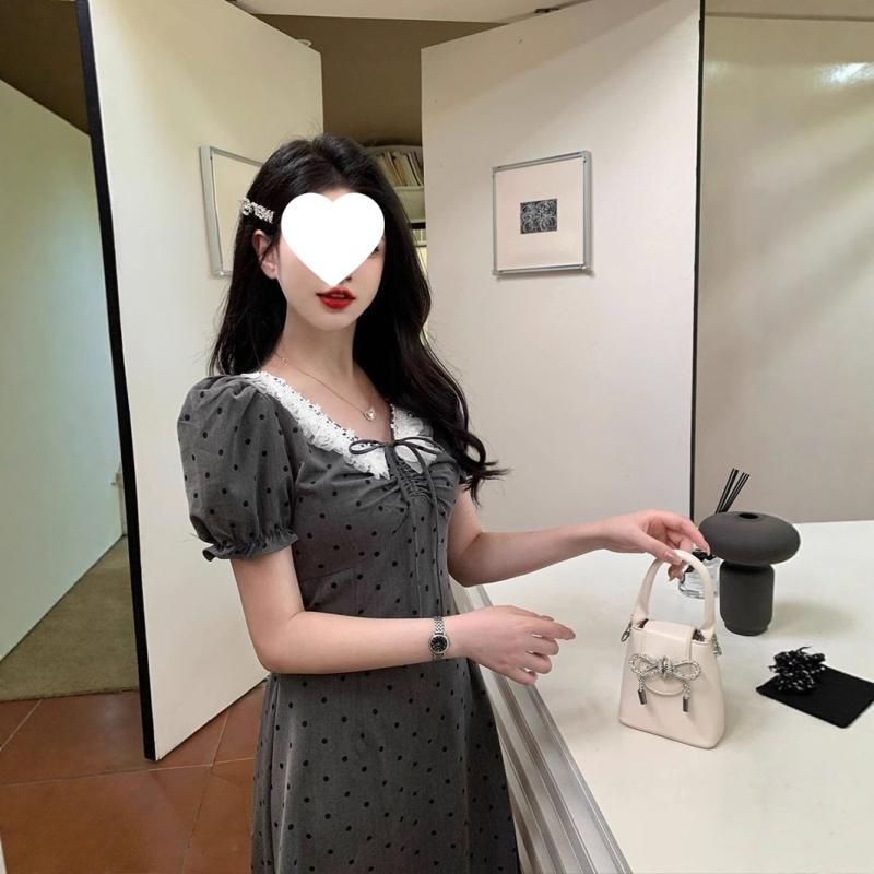 レディース ワンピース レース 短袖 グレー 夏 ウエストマーク スリム ポルカドット ロングドレス 軽量 伸縮性 接触冷感 再生繊維 ビッグシルエット Vネック カジュアル 普段使い｜みやショップ店