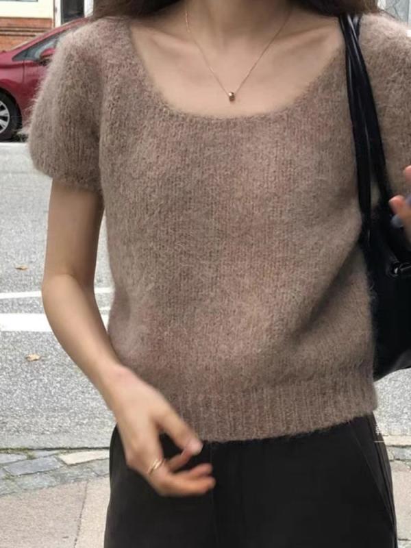 レディース ニット 短袖 ラウンドネック トップス 高級感 デザイン 内着 ユニーク スタイル 柔らかい 素材 伸縮性 普段使い|みやショップ店