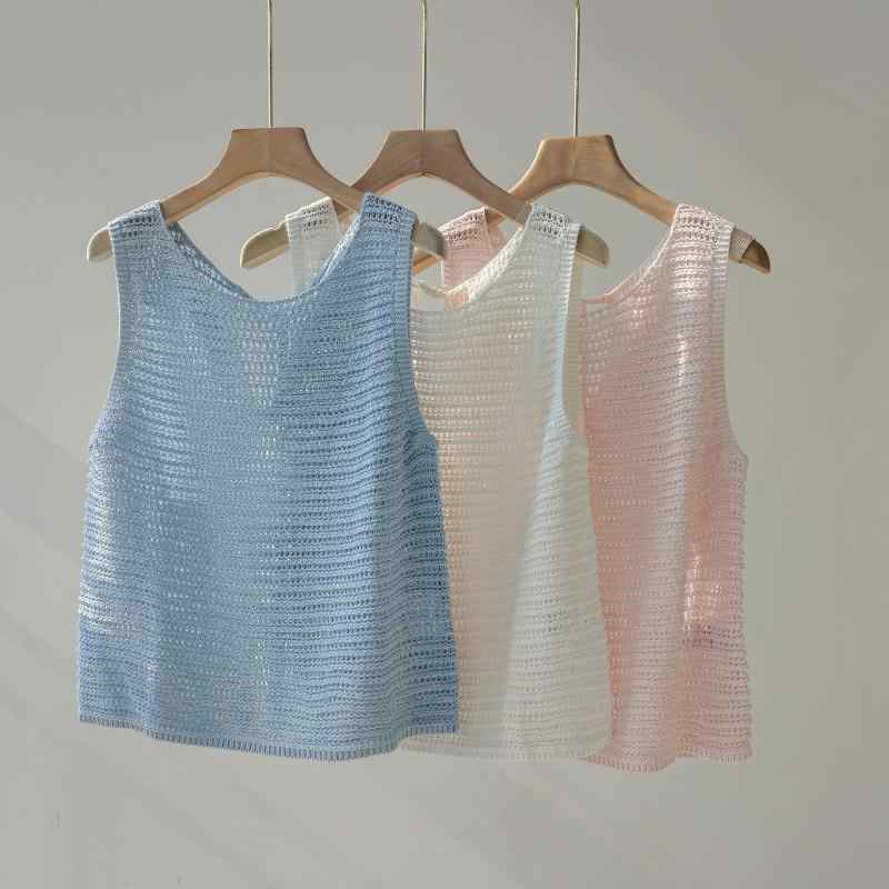 春夏 レディース ノースリーブ ニット トップス 透かし編み ストラップ 付き 薄手 軽量 かわいい フェミニン キャミソール 普段使い 通気性 良い 伸縮性 あり|みやショップ店