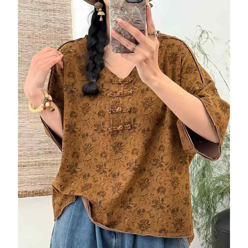 ティーシャツ レディース 半袖 Vのど首 レトロ 花柄 ヴィンテージ ゆったり 広広とした影ぼうし か細い成り行き 心地よい トップス 春夏 普段使い