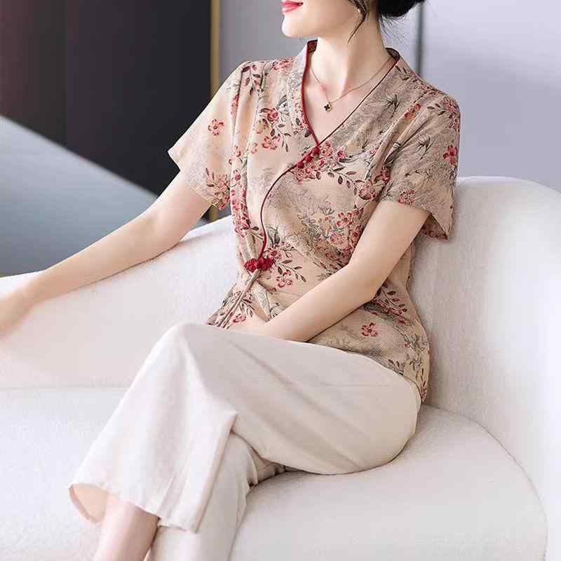 夏 レディース 綿麻 トップス 仕掛ける 中華 トップ 中年向け お母さん服 軽さ 吸湿速乾 普段使い走り 2点組
