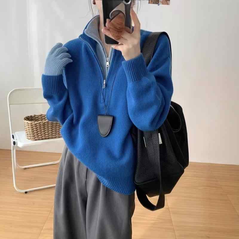 レディース 編み物プルオーバー 韓国 ゆったり 御前上等感 フェイクレイヤード 二分の一ファスナー ハイネック 秋冬 トップス 相応う 優しいこと パステル色の 原料品 編み物出どころ