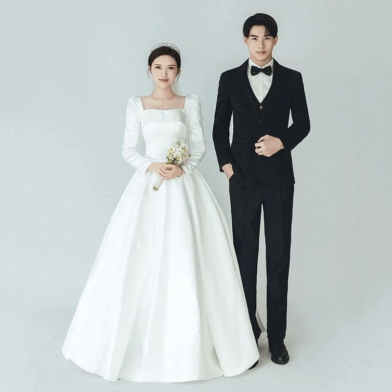 ウェディングドレス 秋用 長袖 サテン 白 軽量 シンプル 森系 ナチュラル フルレングス 結婚式 新婦 ブライダル 礼服｜みやショップ店