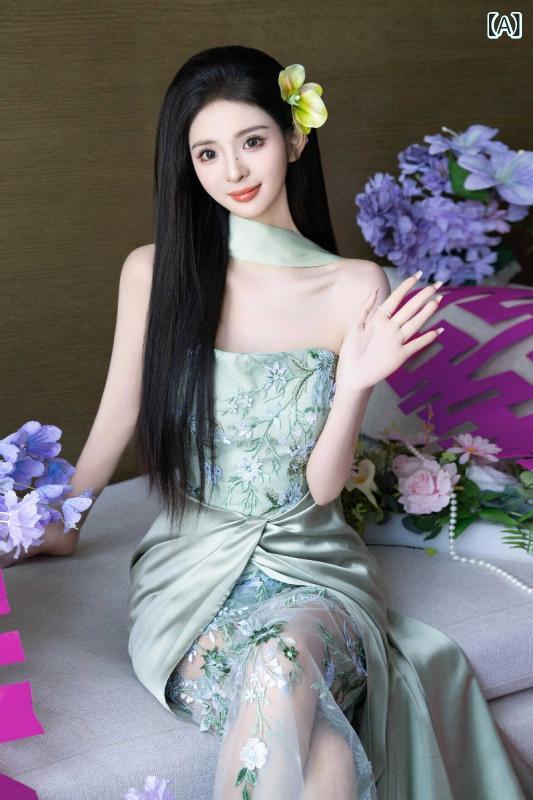 レディース ワンピース グリーン 中国 サテン ハングネック 高級感 パーティードレス イブニングドレス 結婚式用 軽量 伸縮性 女性用 礼服 ドレス 緑色 モダンスタイル|みやショップ店